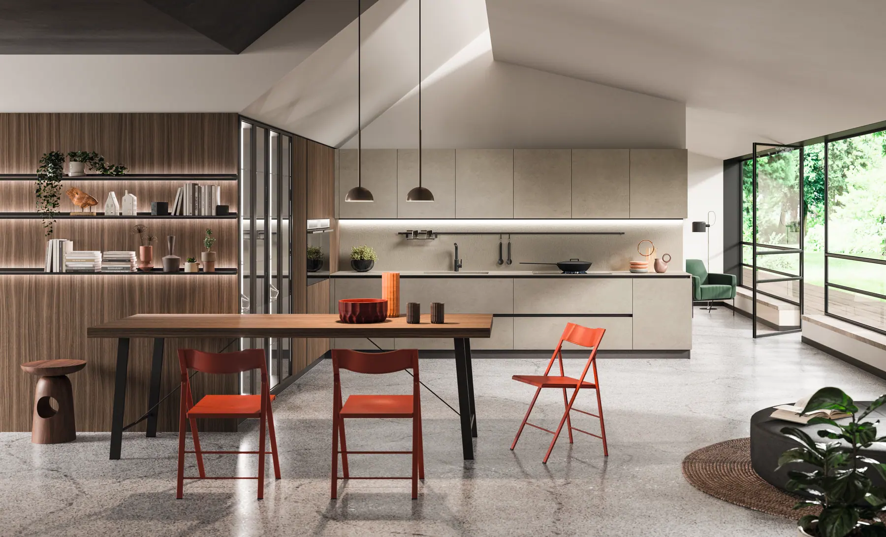 Cucina Astra con basi e pensili chiari, piano cottura e zona pranzo